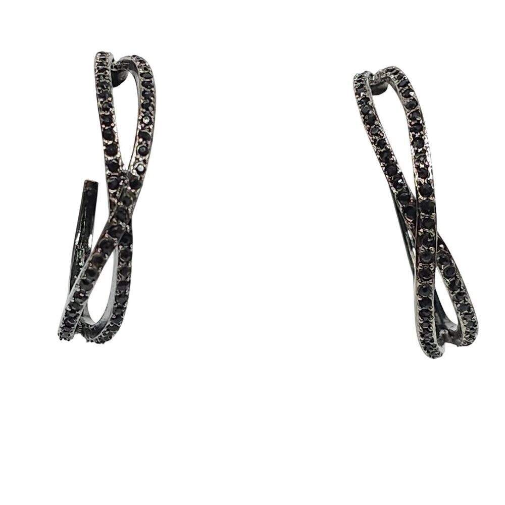 Silver Tone Black Crystal Rhinestone Double Hoop Earrings 1990s